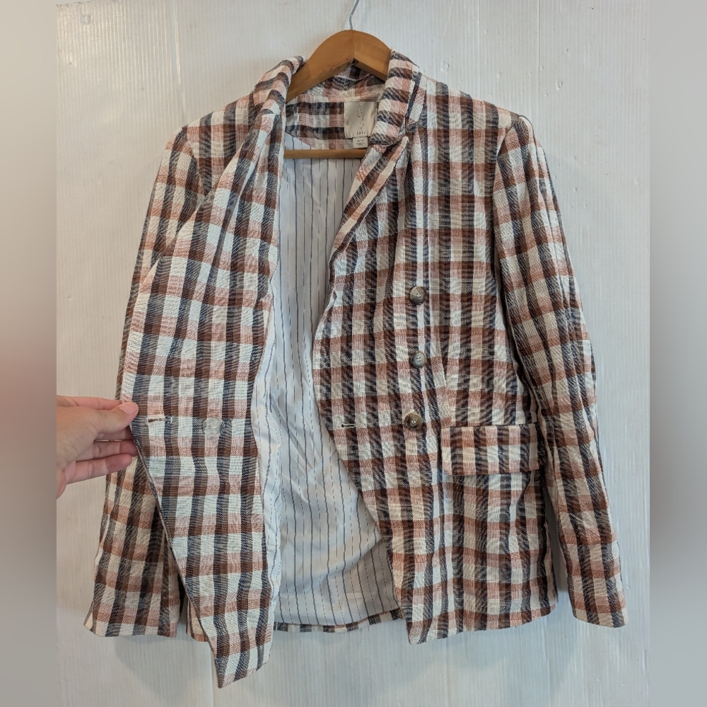 JOIE Women's Rust Brown and White Checkered Blazer Size Medium - Picture 2 of 13